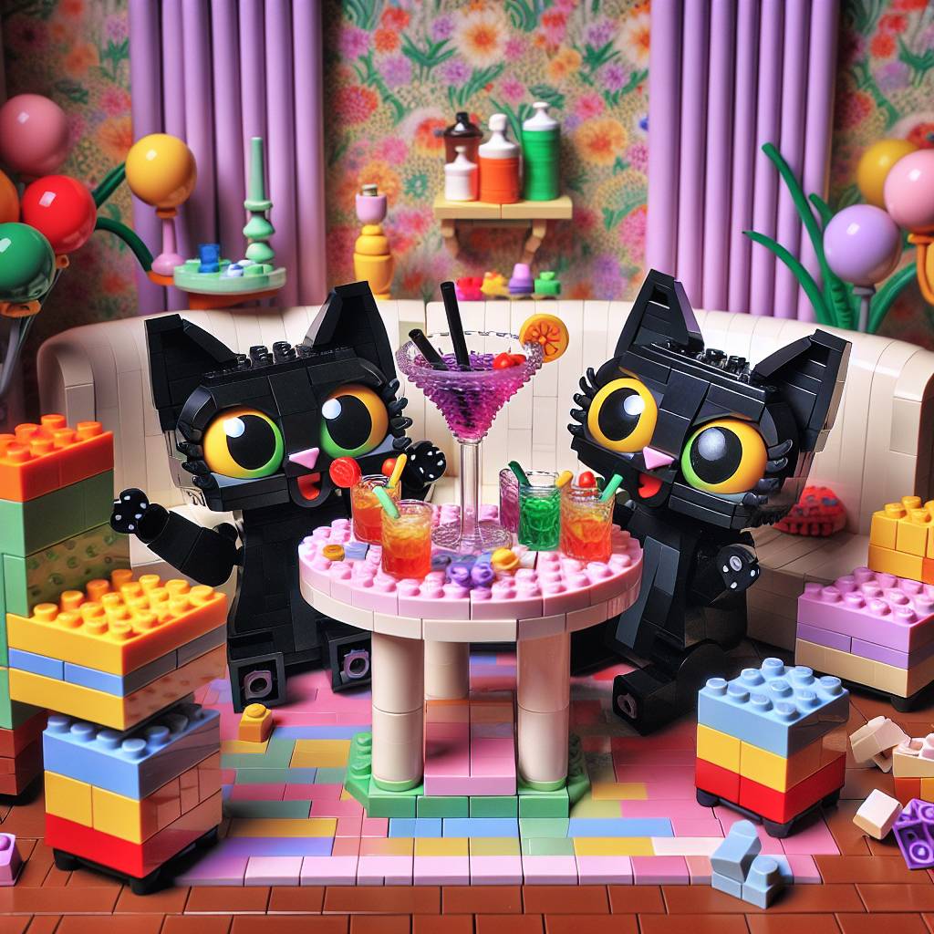 1) Mothers-day AI Generated Card - Black cats Lego cocktails (03a97)