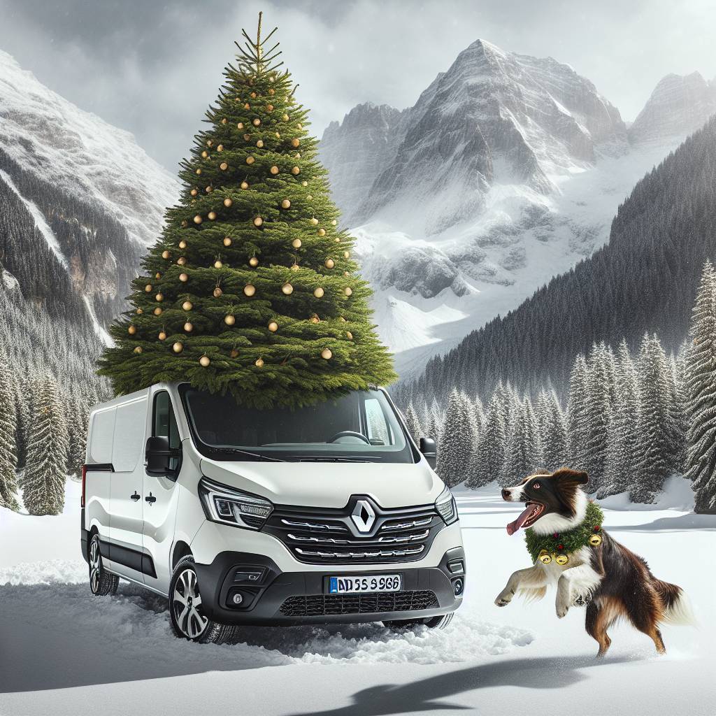 2) Christmas AI Generated Card - Renault master van, Christmas tree, Mountains, and Border collie (8aefd)