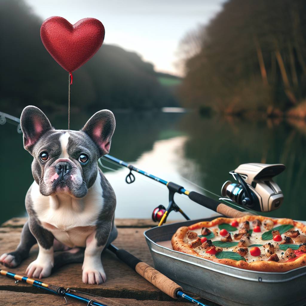 1) Valentines-day AI Generated Card - Grey and white french bulldog, Carp fishing, Dorset , and Pizza (b73a2)