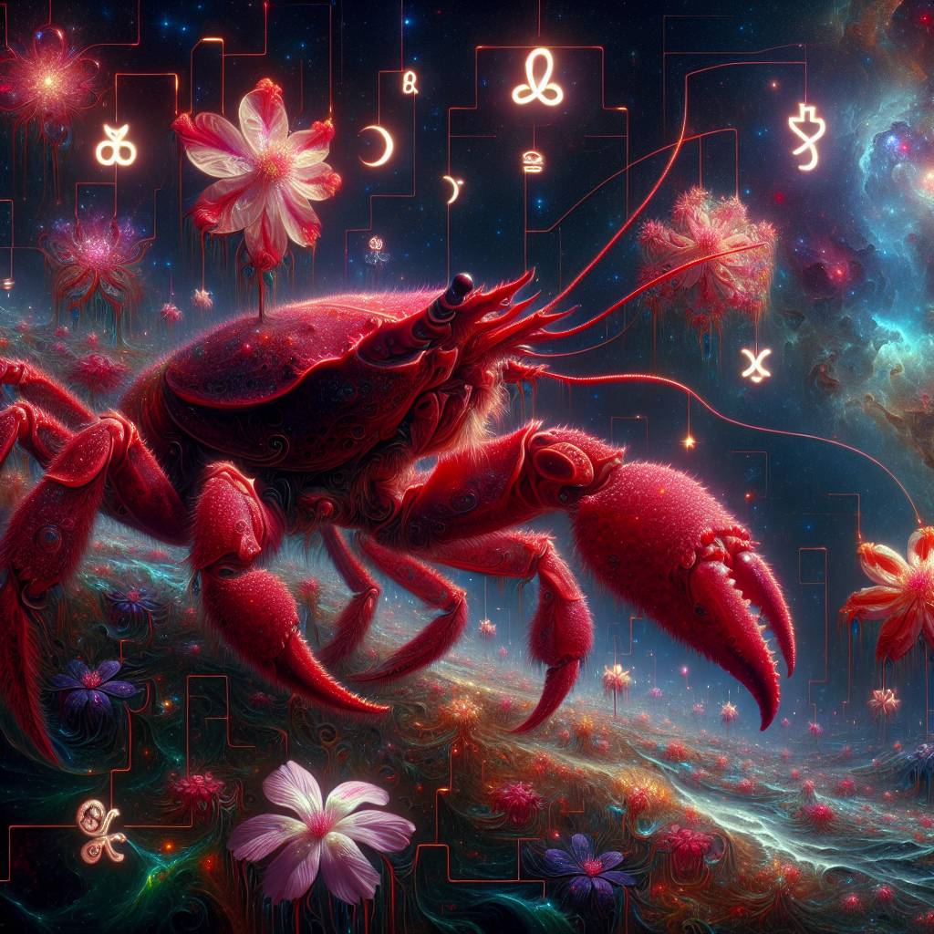 2) Mothers-day AI Generated Card - A red crab picking flowers in an astro worl, Flowers flying in the air, and Astrology (e936e)