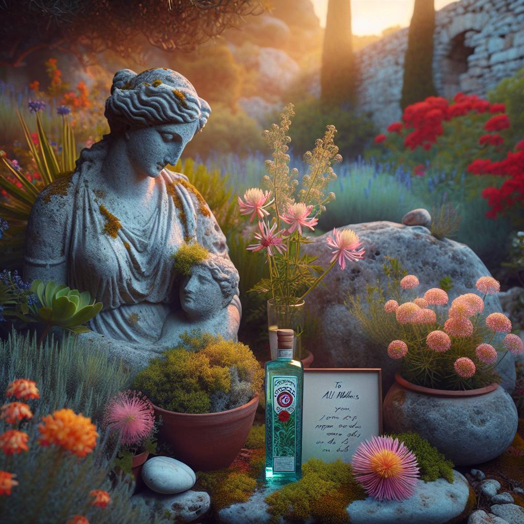 1) Mothers-day AI Generated Card - Bombay Sapphire gin, Greece, Rhodes, and Gardening (5b90d)