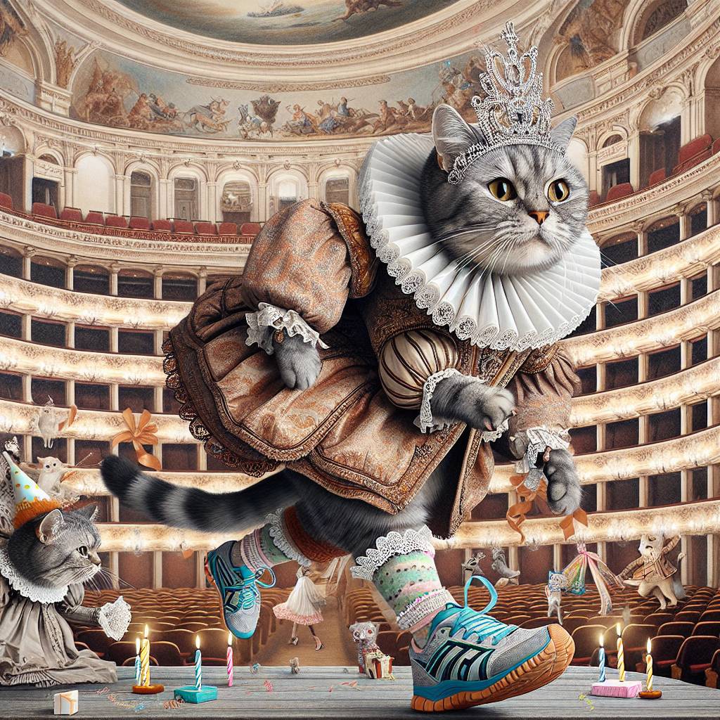 1) Birthday AI Generated Card - A cat in a Elizabethan dress, Singing in the opera in Vienna, and Another cat wearing issey miyake and frilly socks and running shoes (09f04)