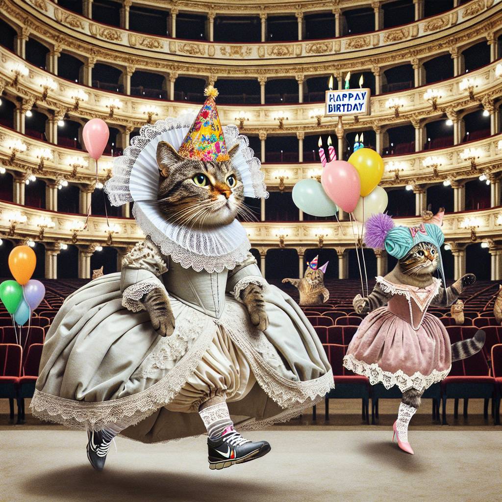 2) Birthday AI Generated Card - A cat in a Elizabethan dress, Singing in the opera in Vienna, and Another cat wearing issey miyake and frilly socks and running shoes (c3692)