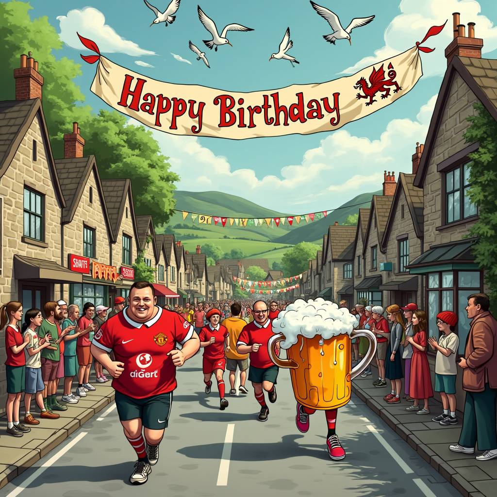 2) Birthday AI Generated Card - Manchester United, Beer, Running, Wales, and Ebay (650e7)