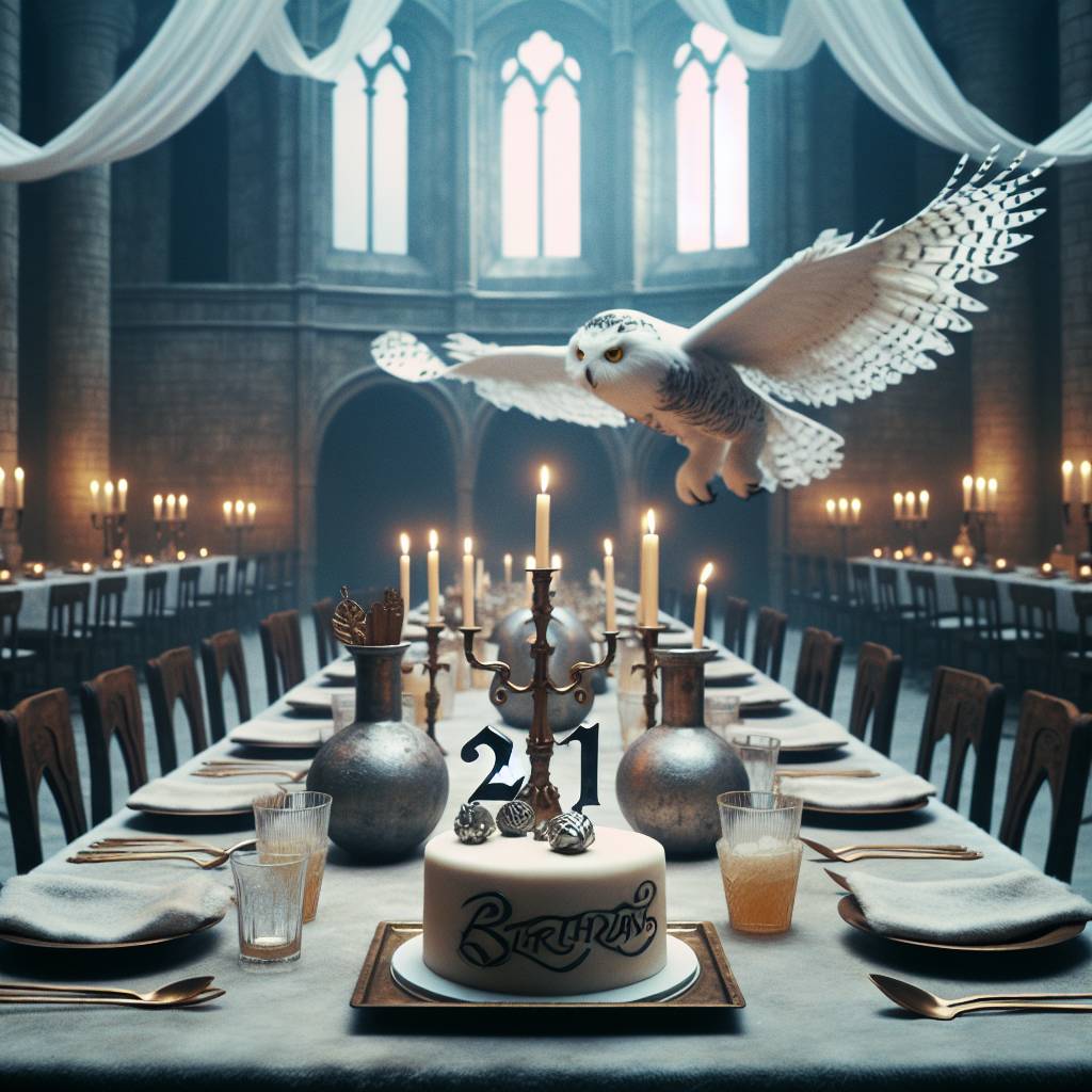 1) Birthday AI Generated Card - Imagine a grand, expansive room filled with an air of whispers and mystery, reminiscent of an old castle's dining hall. A realistic snowy owl is captured in the middle of its flight, trailing above a grandiose centerpiece cake, where the number ’21’ is boldly displayed in a whimsical, cinematic typeface. Each table is meticulously arranged with a delicate wand-like utensil and a rolled-up, weathered scroll, symbolizing the passage of time. Soft illumination emanates from a collection of tiny vessels looking like mystical concoctions, lending a cozy glow to the celebratory environment as light, fluffy textiles, resembling snow, gently float down. (f0be7)