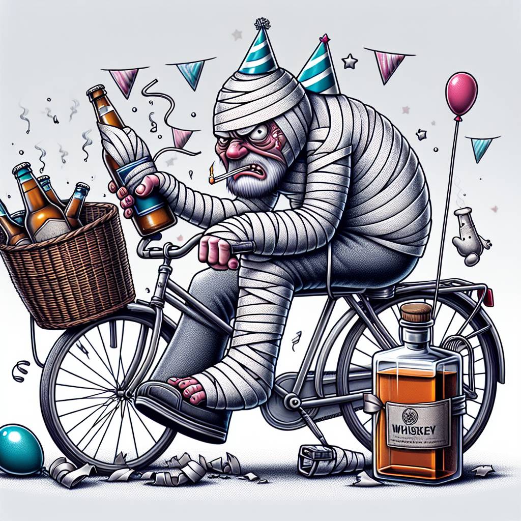 1) Birthday AI Generated Card - Cycling, Beer, Whiskey , Injured, Grey, and Grumpy (e16f2)