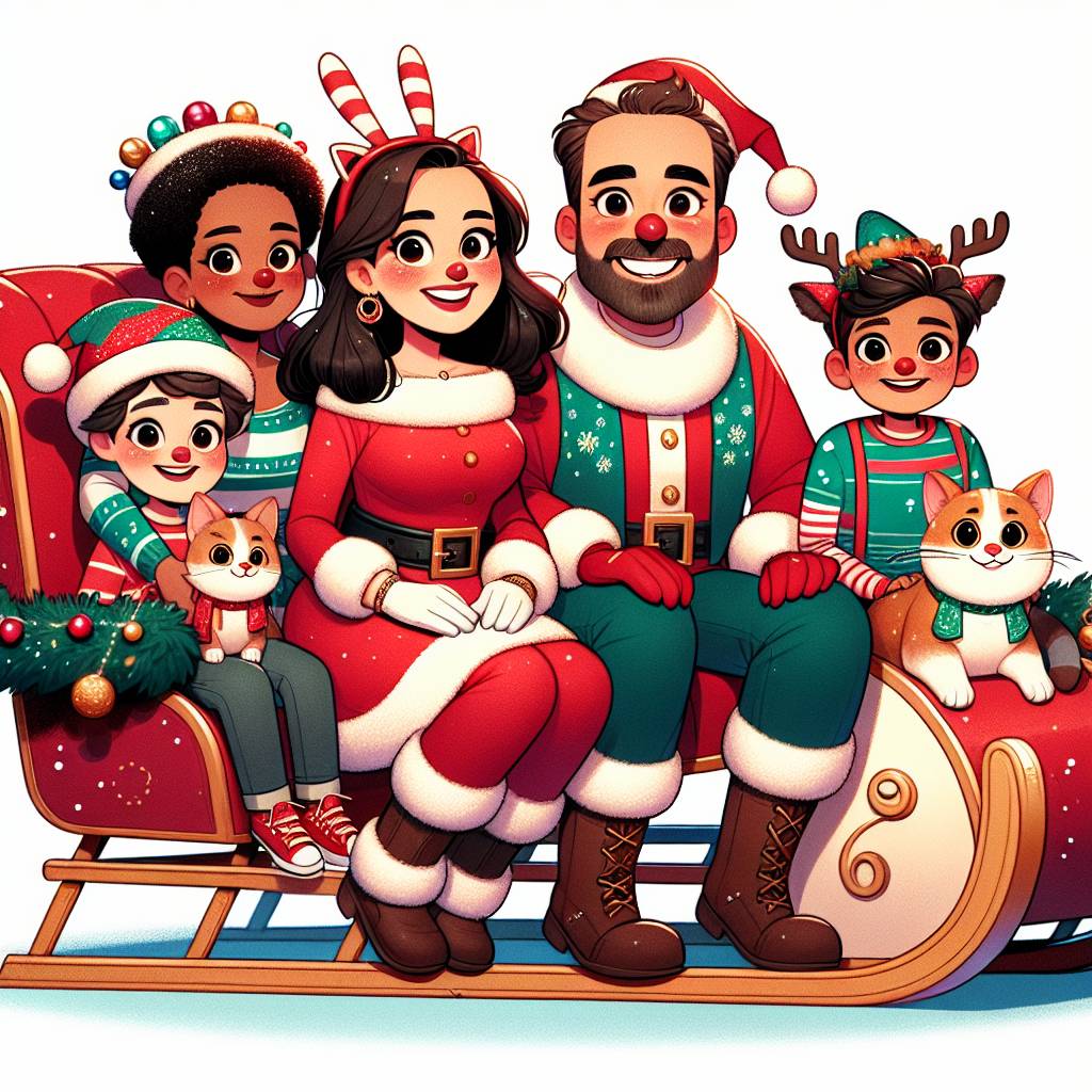 3) Christmas AI Generated Card - two parents with young andult children in a sled, dressed up as Santas or elves,  and with two cats as reindeers  in front of the sled - dragging it (2bcd8)