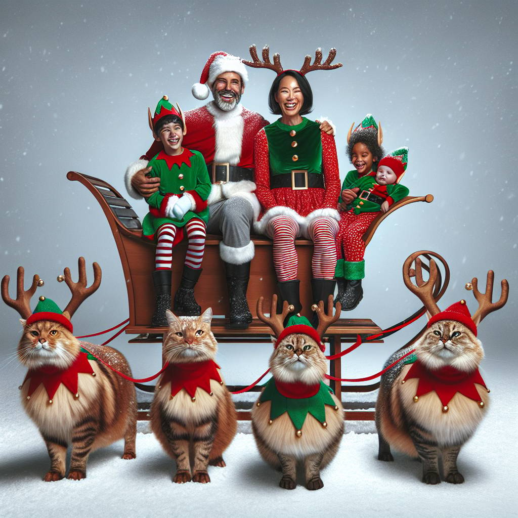 1) Christmas AI Generated Card - two parents with young andult children in a sled, dressed up as Santas or elves,  and with two cats as reindeers  in front of the sled - dragging it (33d46)