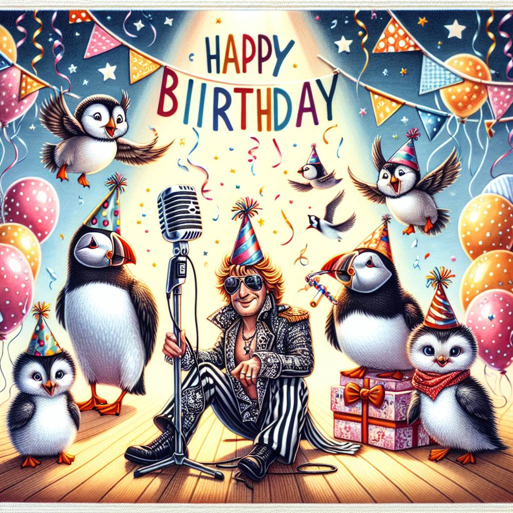 1) Birthday AI Generated Card - Puffins, Cats, and Freddie Mercury (1bce4)