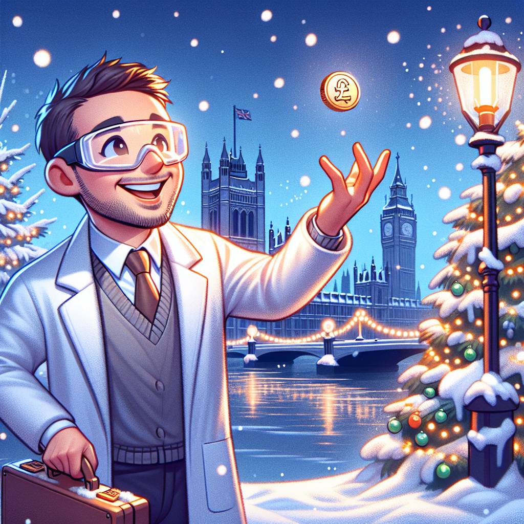 4) Christmas AI Generated Card - Snowy London, Male forex trader with white skin and short dark brown hair, and Female scientist with white skin and long brown hair (78adc)