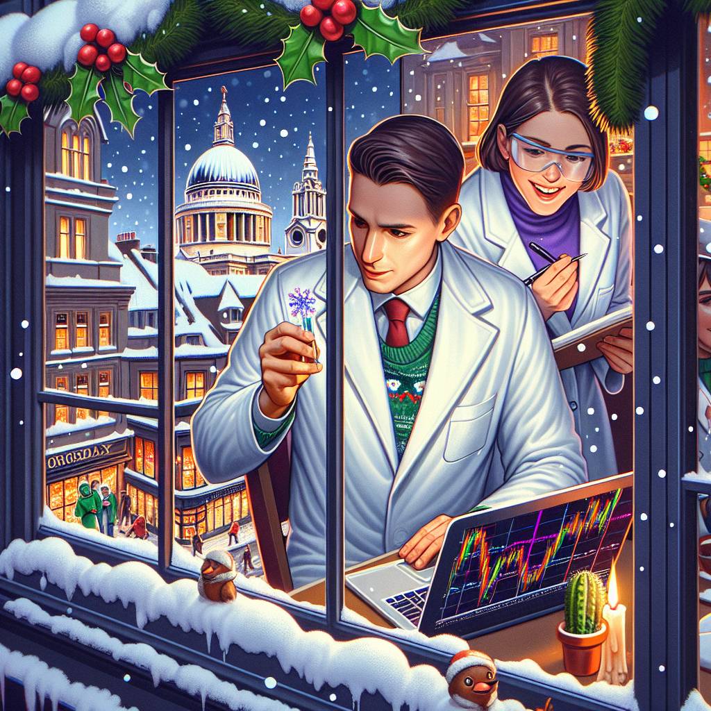 2) Christmas AI Generated Card - Snowy London, Male forex trader with white skin and short dark brown hair, and Female scientist with white skin and long brown hair (682e9)