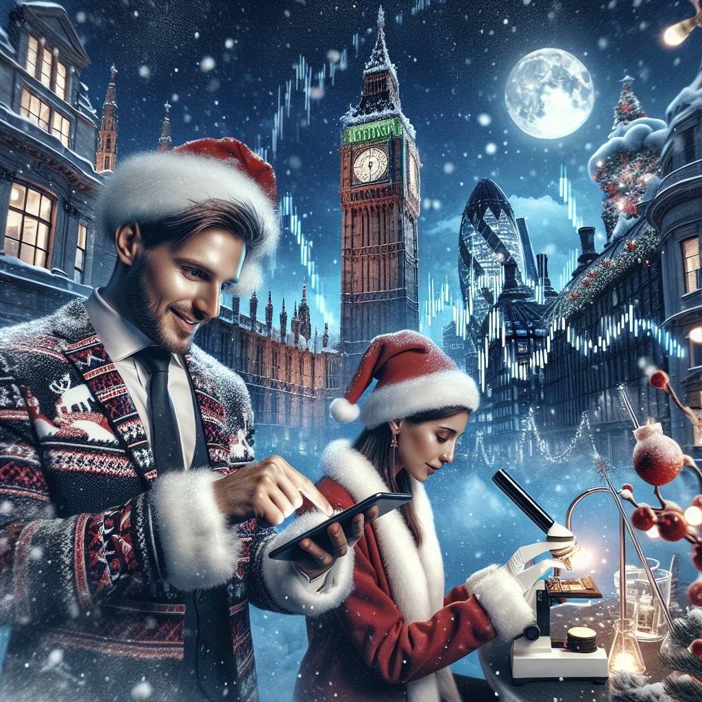 1) Christmas AI Generated Card - Snowy London, Male forex trader with white skin and short dark brown hair, and Female scientist with white skin and long brown hair (e4b32)