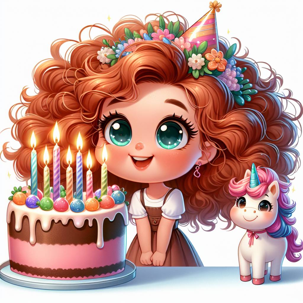 1) Birthday AI Generated Card - cartoon happy light brown skinned female child with curly auburn hair with birthday cake with seven lit birthday candles in the cake and a pet uncorn (f1dc0)