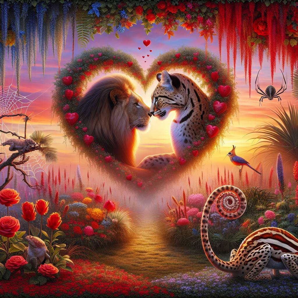 2) Valentines-day AI Generated Card - Red orange yellow blue, Lion, Garden, Chameleon, Spider, and Serval (37b5f)