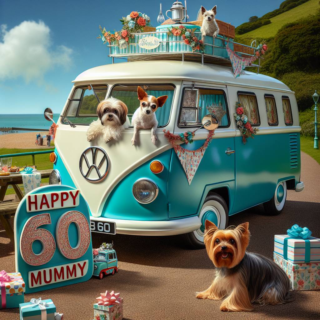 2) Birthday AI Generated Card - Brown & white chihuahua, Yorkshire terrier, Turquoise & White campervan, Brighton & hove, 60th, and Mummy (0db76)