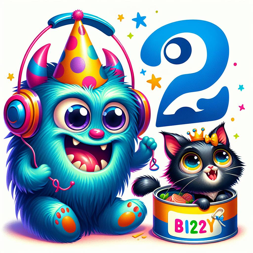 1) Birthday AI Generated Card - Headphones , Godzilla , 22, Black cat , and Can of tuna (7839d)