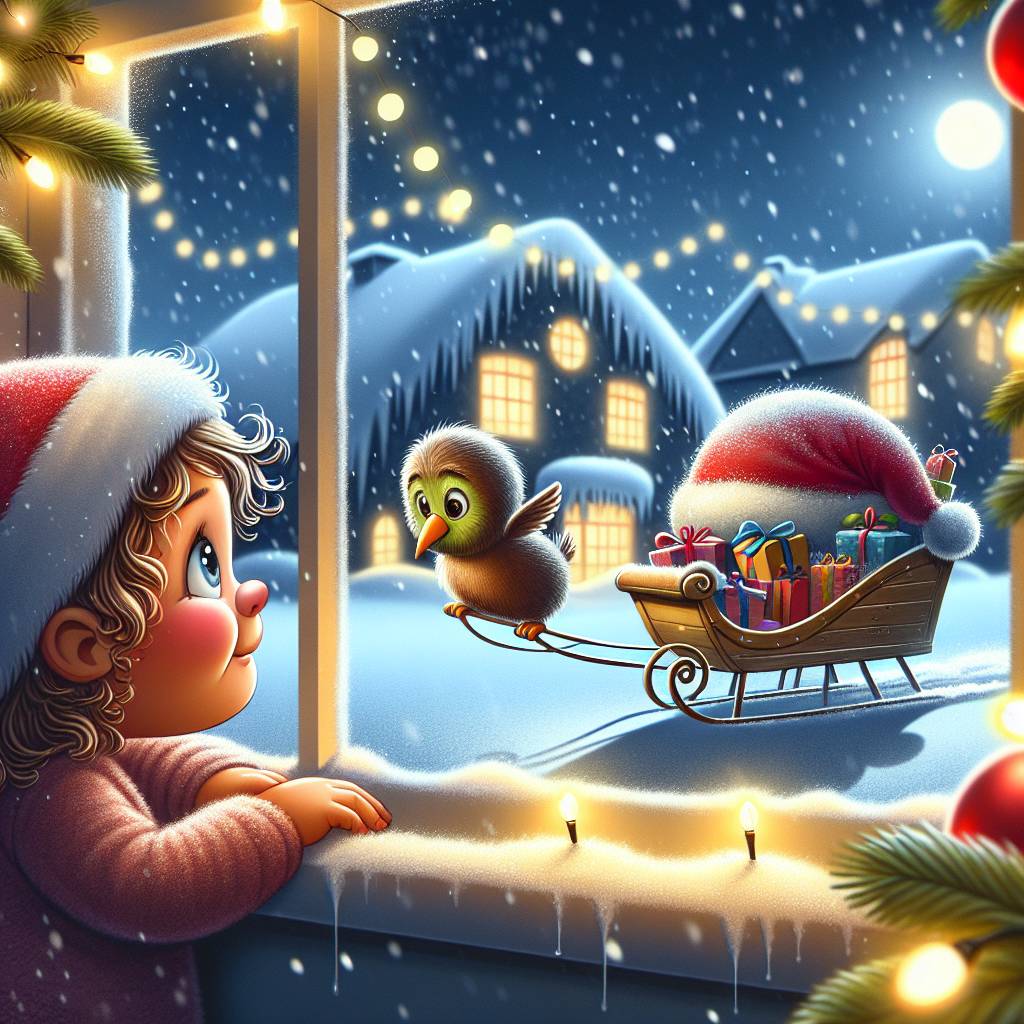 4) Christmas AI Generated Card - JOYFUL KIWI BIRD WITH SANTA'S HAT CARRIES PRESENTS GOING HOME AT NIGHT, SOFT SNOW, WARM XMAS LIGHT DECORATIONS, and SIX YEAR OLD GIRL WITH CURL HAIR GLARES THROUGH THE WINDOWS IN JOY (6b7ff)
