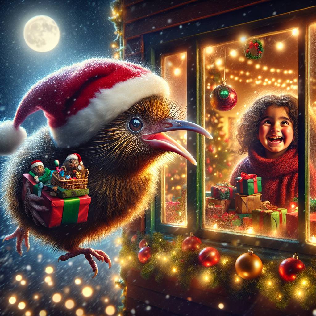 2) Christmas AI Generated Card - JOYFUL KIWI BIRD WITH SANTA'S HAT CARRIES PRESENTS GOING HOME AT NIGHT, SOFT SNOW, WARM XMAS LIGHT DECORATIONS, and SIX YEAR OLD GIRL WITH CURL HAIR GLARES THROUGH THE WINDOWS IN JOY (6de4a)