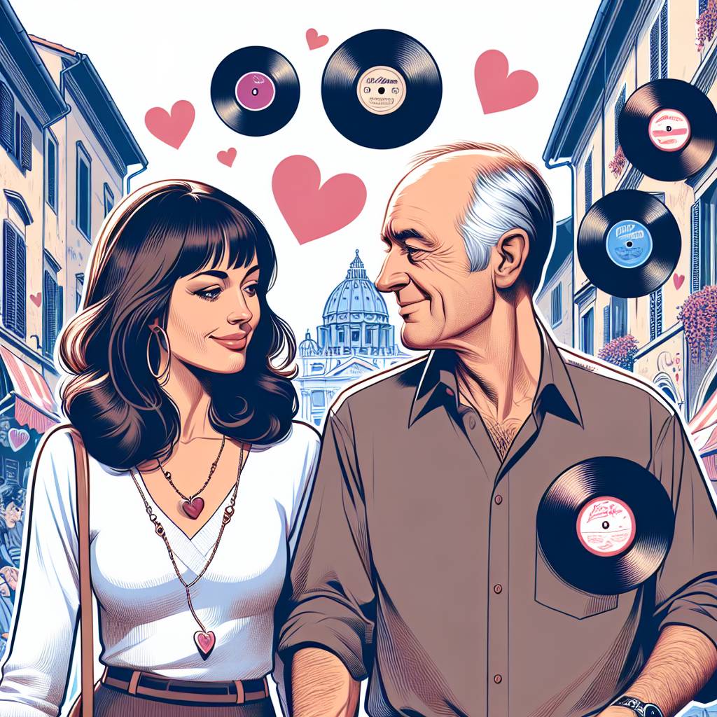 1) Valentines-day AI Generated Card - White couple in late 50s. man with thinning brown hair and lady with should length brunette hair, slightly chubby., Walking, Vinyl records, Italy, and Love (ad9dd)
