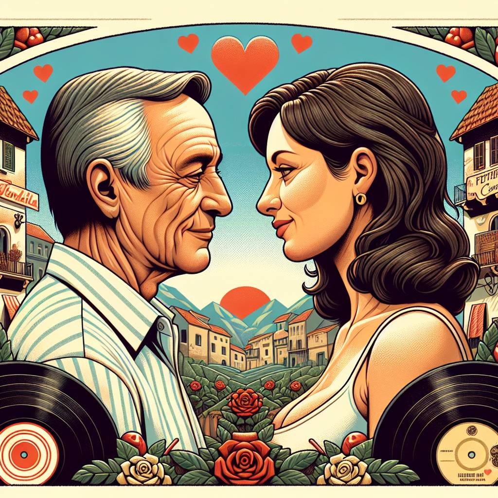 2) Valentines-day AI Generated Card - White couple in late 50s. man with thinning brown hair and lady with should length brunette hair, slightly chubby., Walking, Vinyl records, Italy, and Love (21a04)