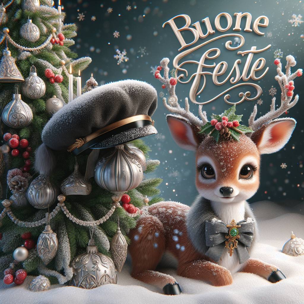 1) Christmas AI Generated Card - Cerbiatto con cappello carabiniere albero di natale Fiocchi di neve (2b482)