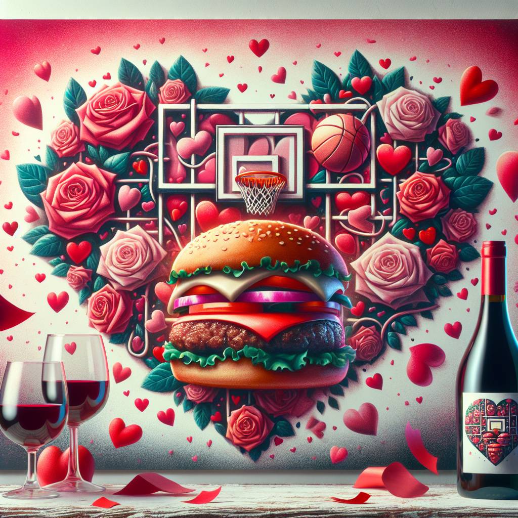 2) Valentines-day AI Generated Card - Basketball, Burgers, and Wine (a0173)