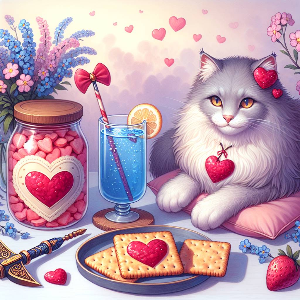 2) Valentines-day AI Generated Card - Long haired cat, Strawberry jam, Blue drink, and Warhammer (21f28)