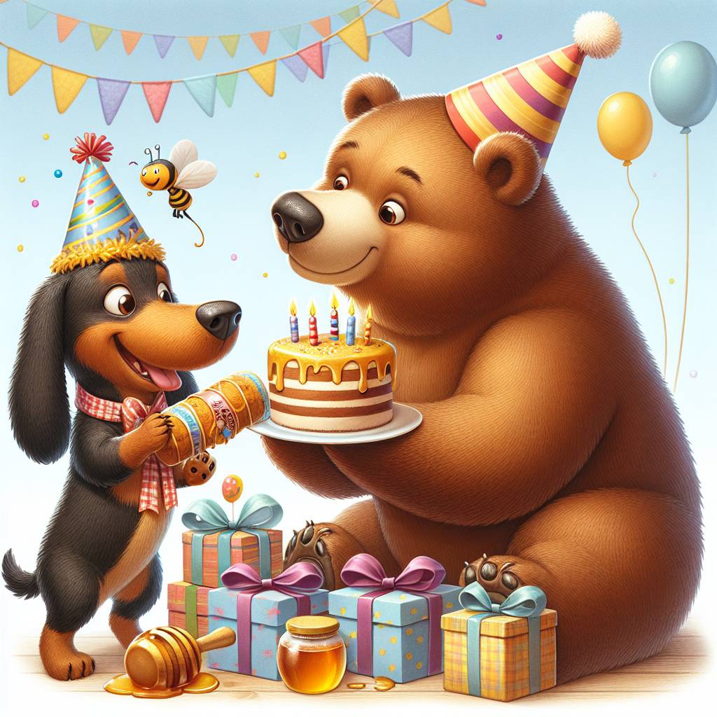 2) Birthday AI Generated Card - Brown bear, Sausage dog, and Winnie the Pooh (69ba4)