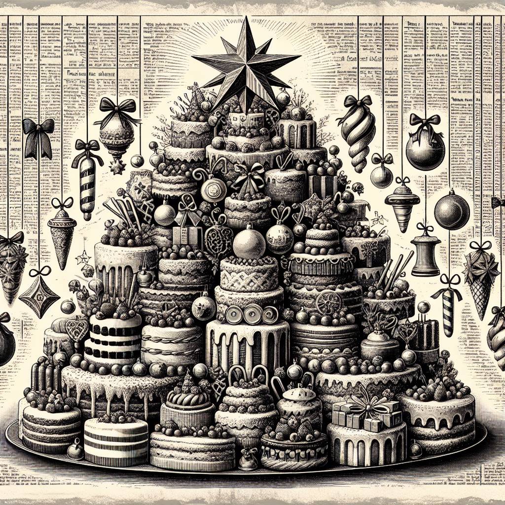 1) Christmas AI Generated Card - Newspaper style, Cakes/sweets, and Ornaments (0e366)