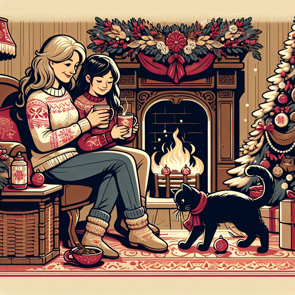 2) Christmas AI Generated Card - Cozy Victoria Christmas fireplace, Black Cat, and Mother with dark brown hair aged 45 and 15 year old teenage daughter with light brown hair (e6f68)})