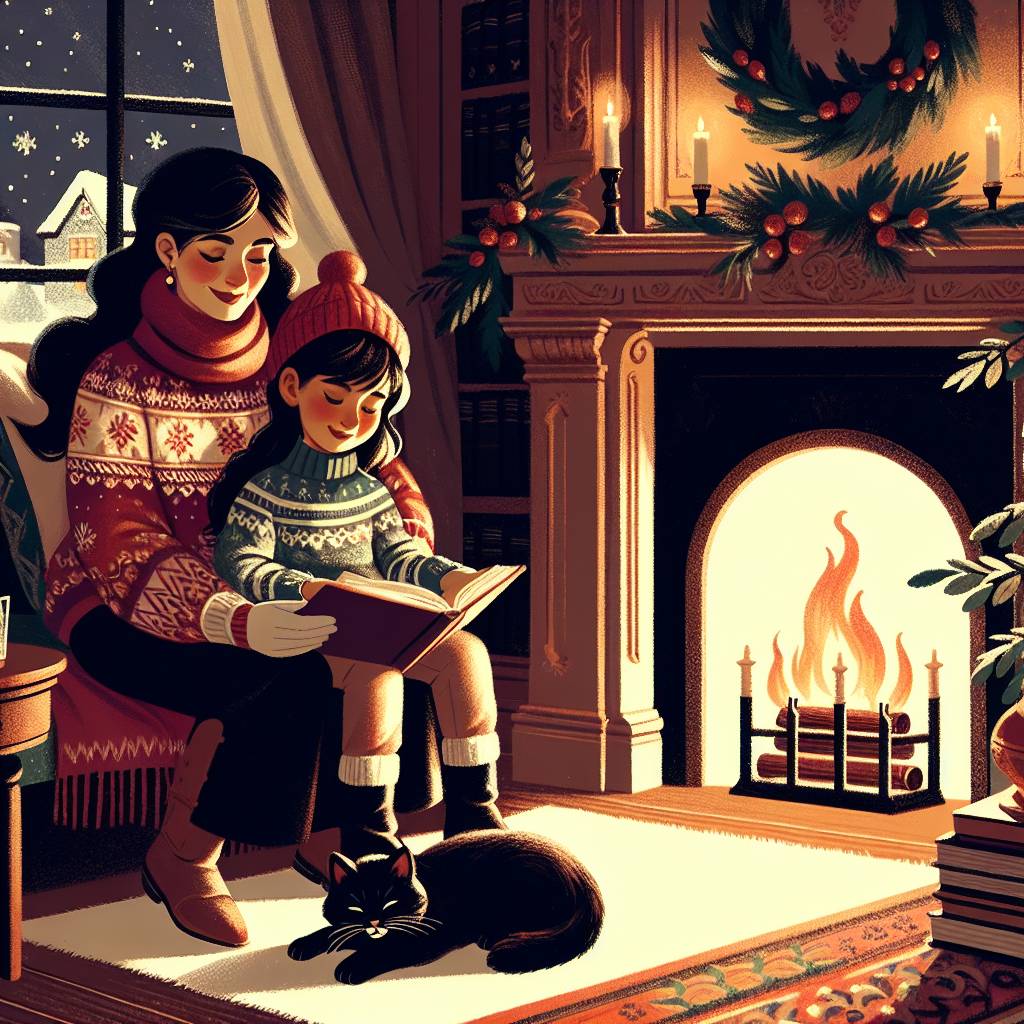 3) Christmas AI Generated Card - Cozy Victoria Christmas fireplace, Black Cat, and Mother with dark brown hair aged 45 and 15 year old teenage daughter with light brown hair (024a8)})