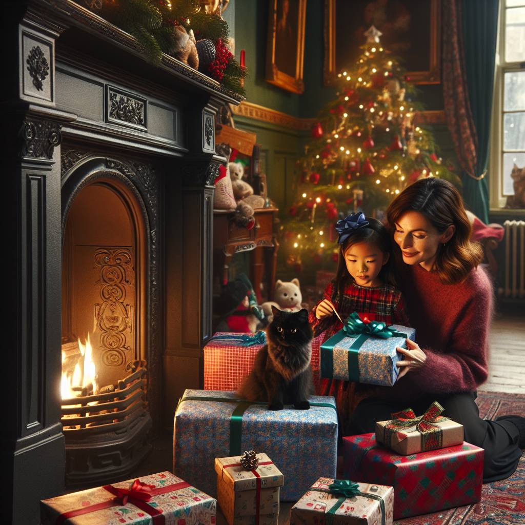 4) Christmas AI Generated Card - Cozy Victoria Christmas fireplace, Black Cat, and Mother with dark brown hair aged 45 and 15 year old teenage daughter with light brown hair (225cb)})