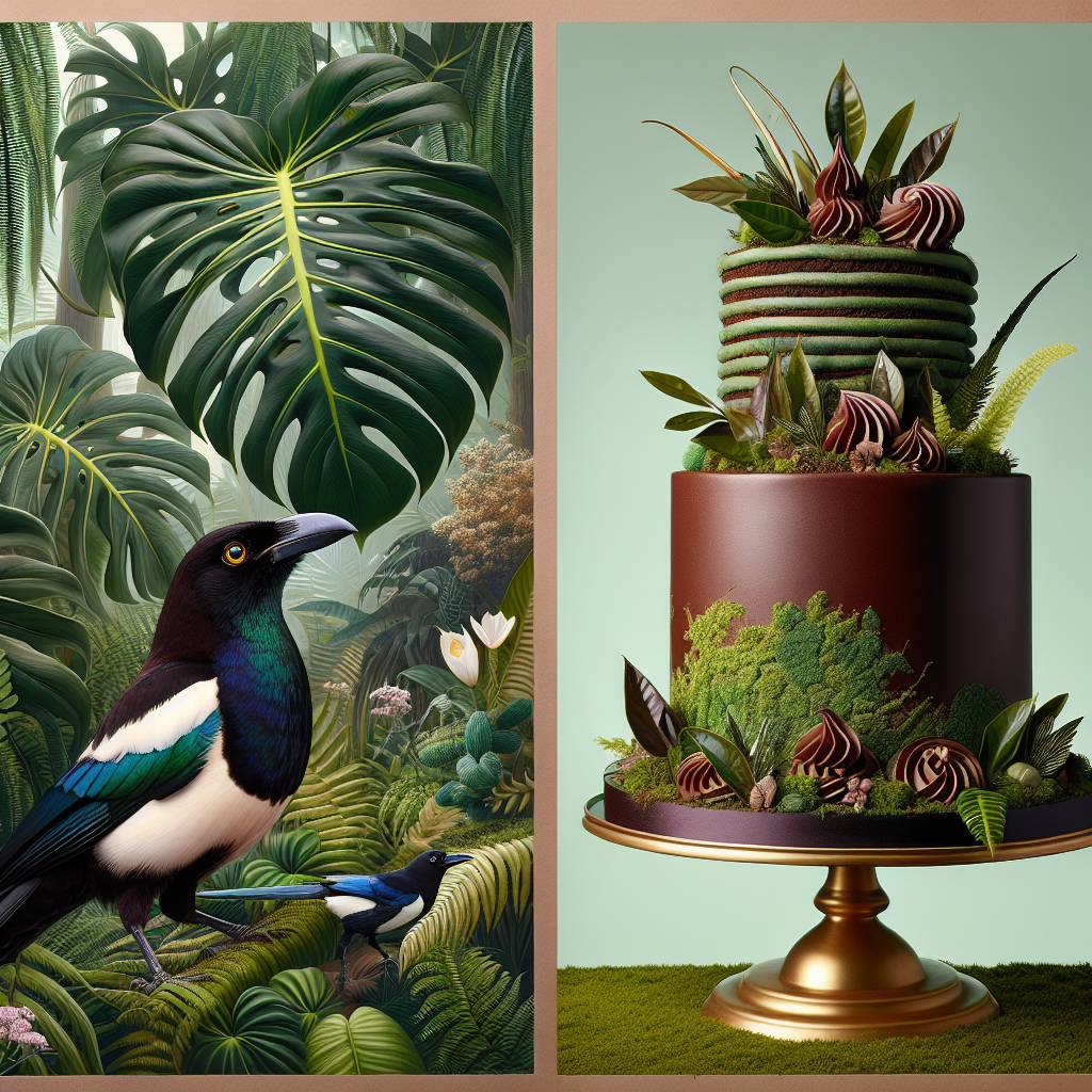 2) Birthday AI Generated Card - Monstera plant, magpy, chocolate cake  (ce637)