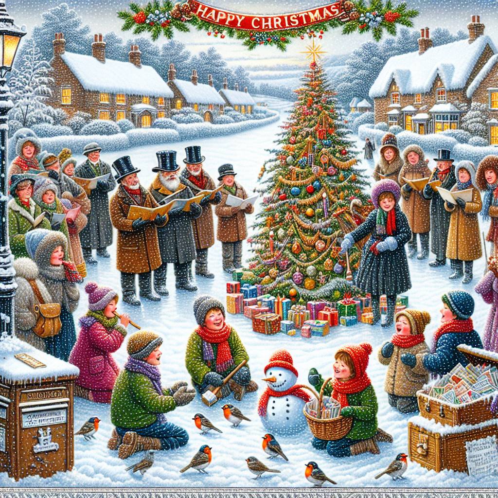 3) Christmas AI Generated Card - Robins , Postbox , Winter village , Carol singers , Giant Christmas tree, and Children (864a9)