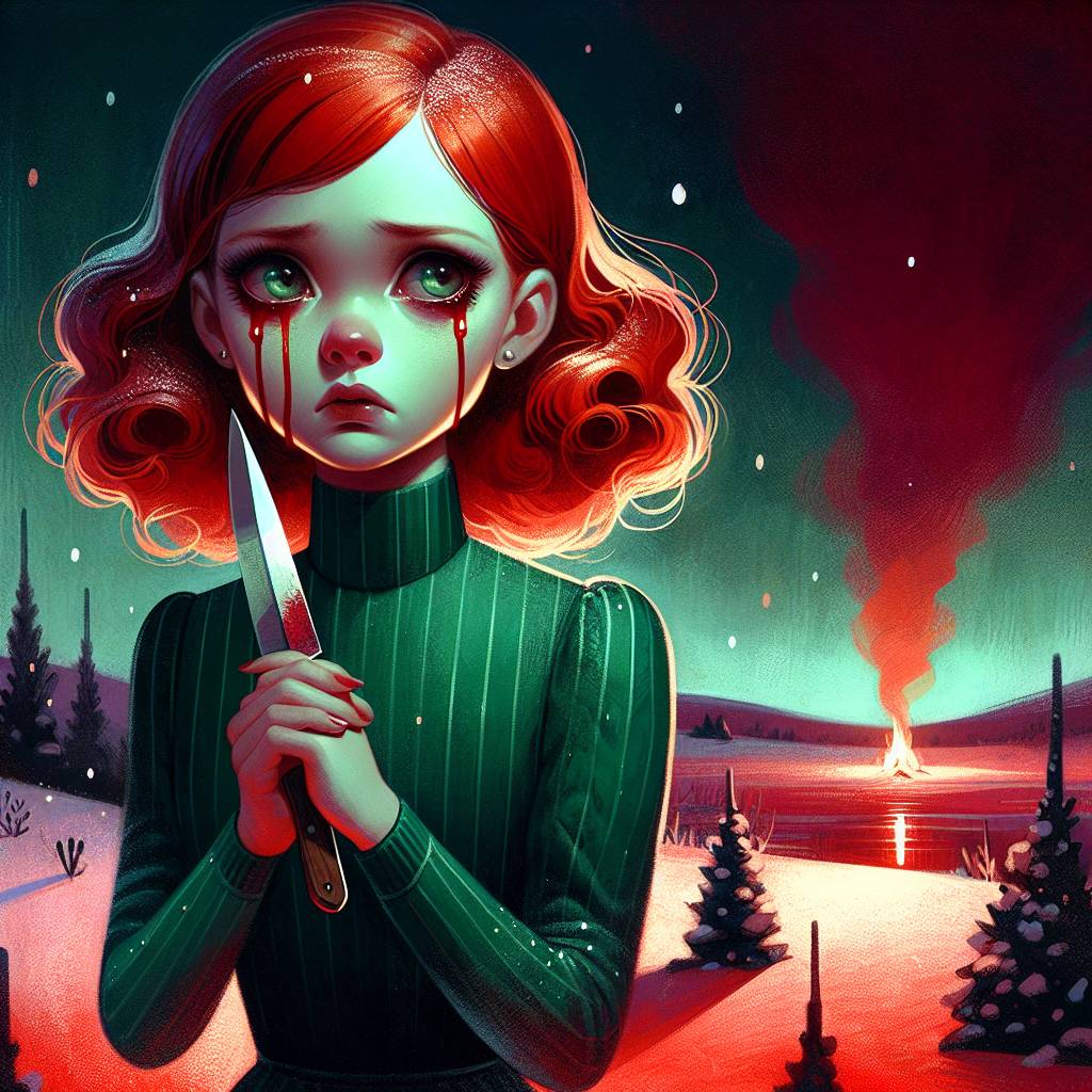 1) Christmas AI Generated Card - Short dark red haired girl, tight green minidress, bloodstained, holding a knife, crying, bloodstained snow, fire, midnight  (712dc)