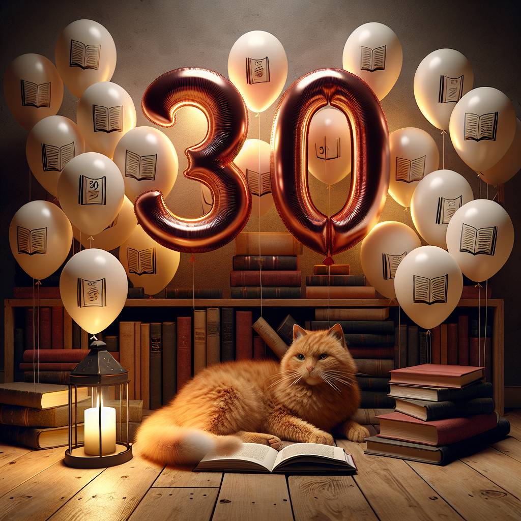 2) Birthday AI Generated Card - Ginger cat , 30th birthday, balloons, reading (706fb)