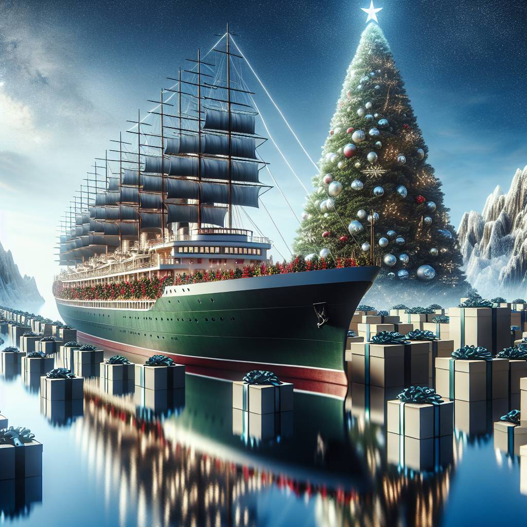 1) Christmas AI Generated Card - color green Shipping vessel with containers over it on an ocean full of gifts with a christmas tree background (048a1)
