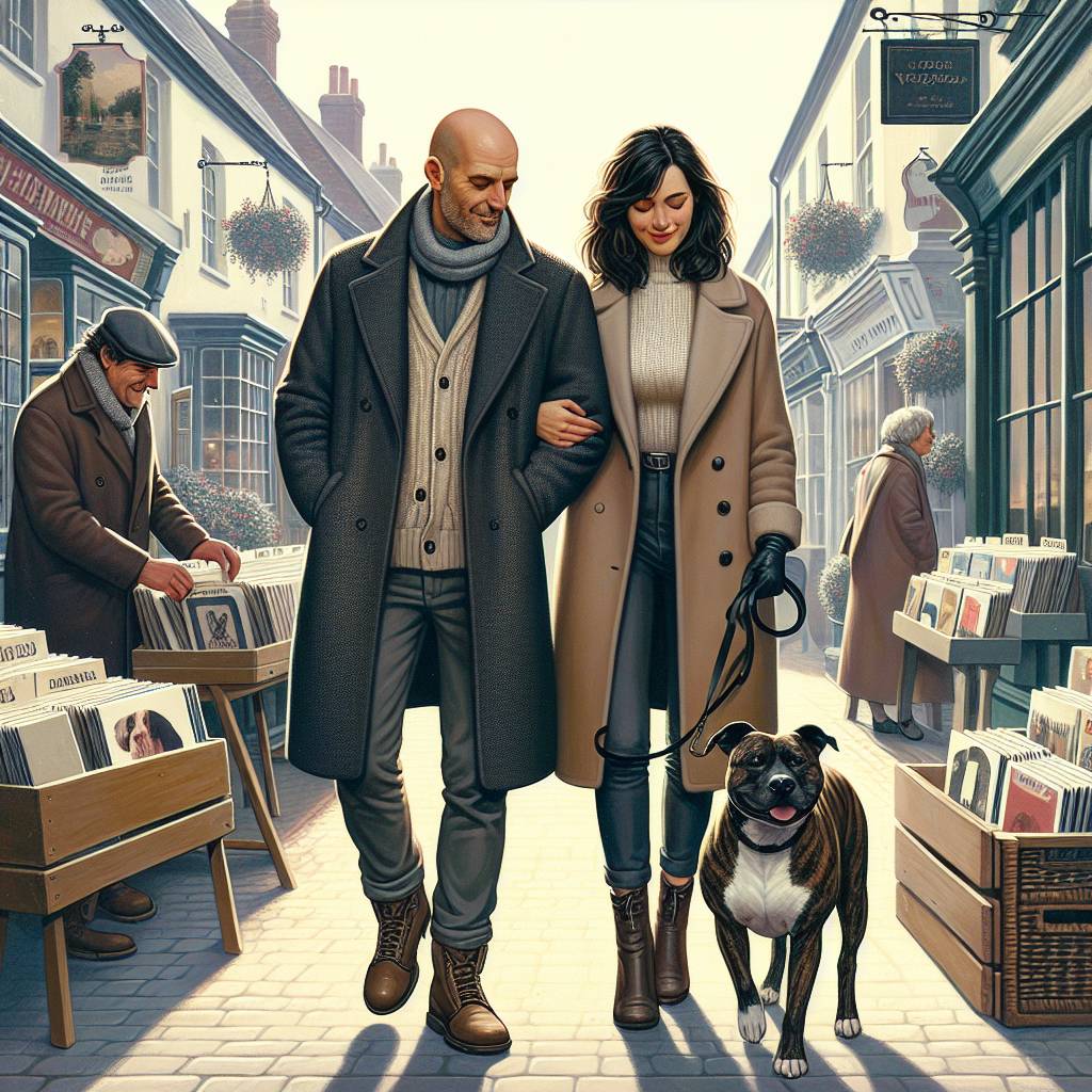 2) Valentines-day AI Generated Card - White middle aged couple, mid 50s. bald headed man, clean shaven, slim build. brunette shoulder length hair lady, chubby. wearing coats. with brindle Staffordshire bull terrier dog, Buying vinyl records, English market town, Walking, and Love (a33fa)