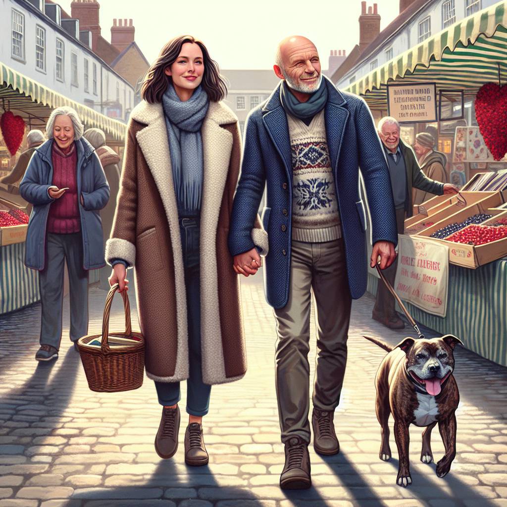 1) Valentines-day AI Generated Card - White middle aged couple, mid 50s. bald headed man, clean shaven, slim build. brunette shoulder length hair lady, chubby. wearing coats. with brindle Staffordshire bull terrier dog, Buying vinyl records, English market town, Walking, and Love (55690)