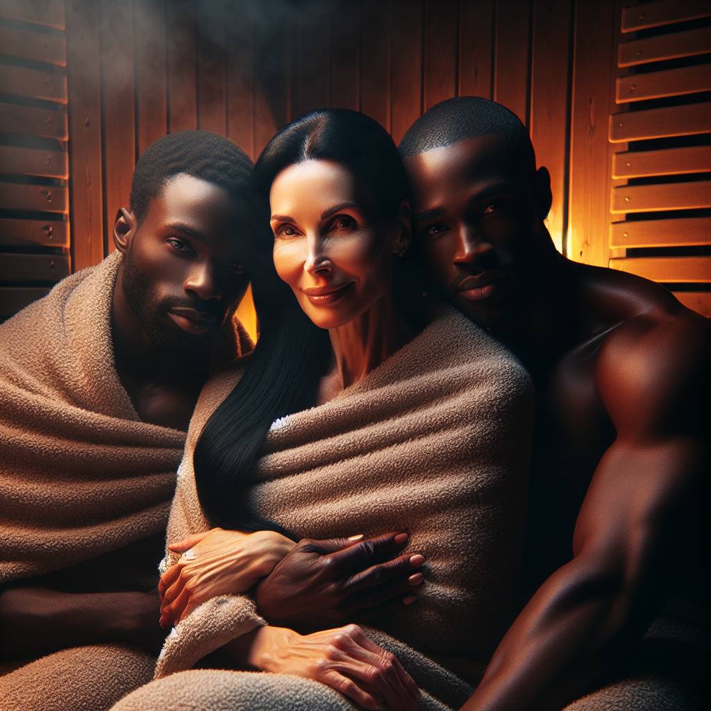 2) Mothers-day AI Generated Card - 40 year old slim woman with dark hair in a sauna being cuddled by two young muscular black men  (d6ebd)