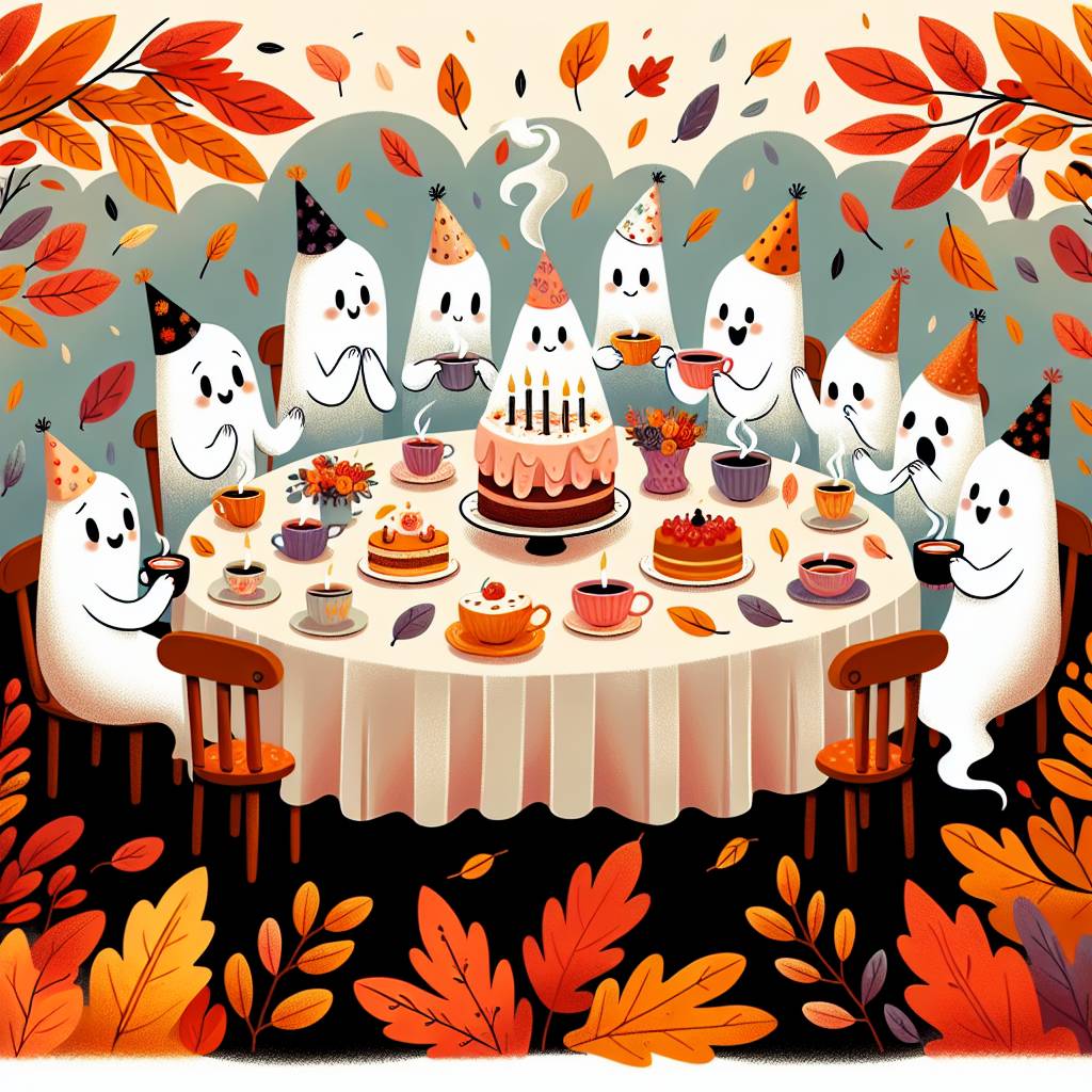 1) Birthday AI Generated Card - Ghosts autumn afternoon tea  (6303e)