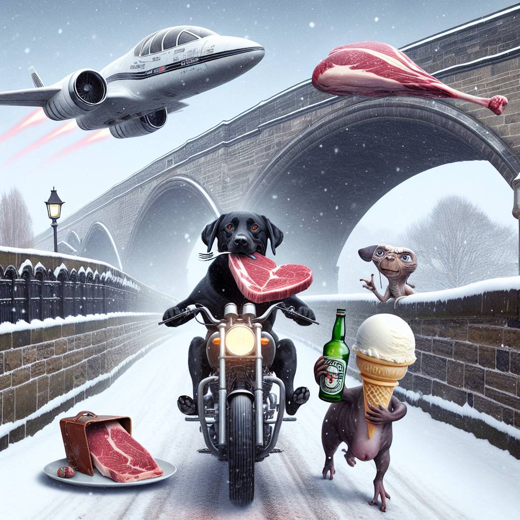 1) Valentines-day AI Generated Card - Black Labrador riding a motorbike and drinking whiskey, Tyne bridge, Heart shaped steak, X Wing, Whiskey, Snow, Alien, and Vanilla ice cream (018e5)