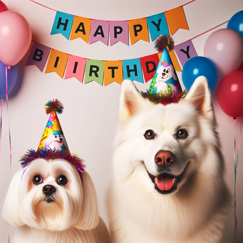1) Birthday AI Generated Card - White maltese terrier, White husky brown eyes, and Birthday party with husky and maltese party hats and Happy birthday banner (ee417)