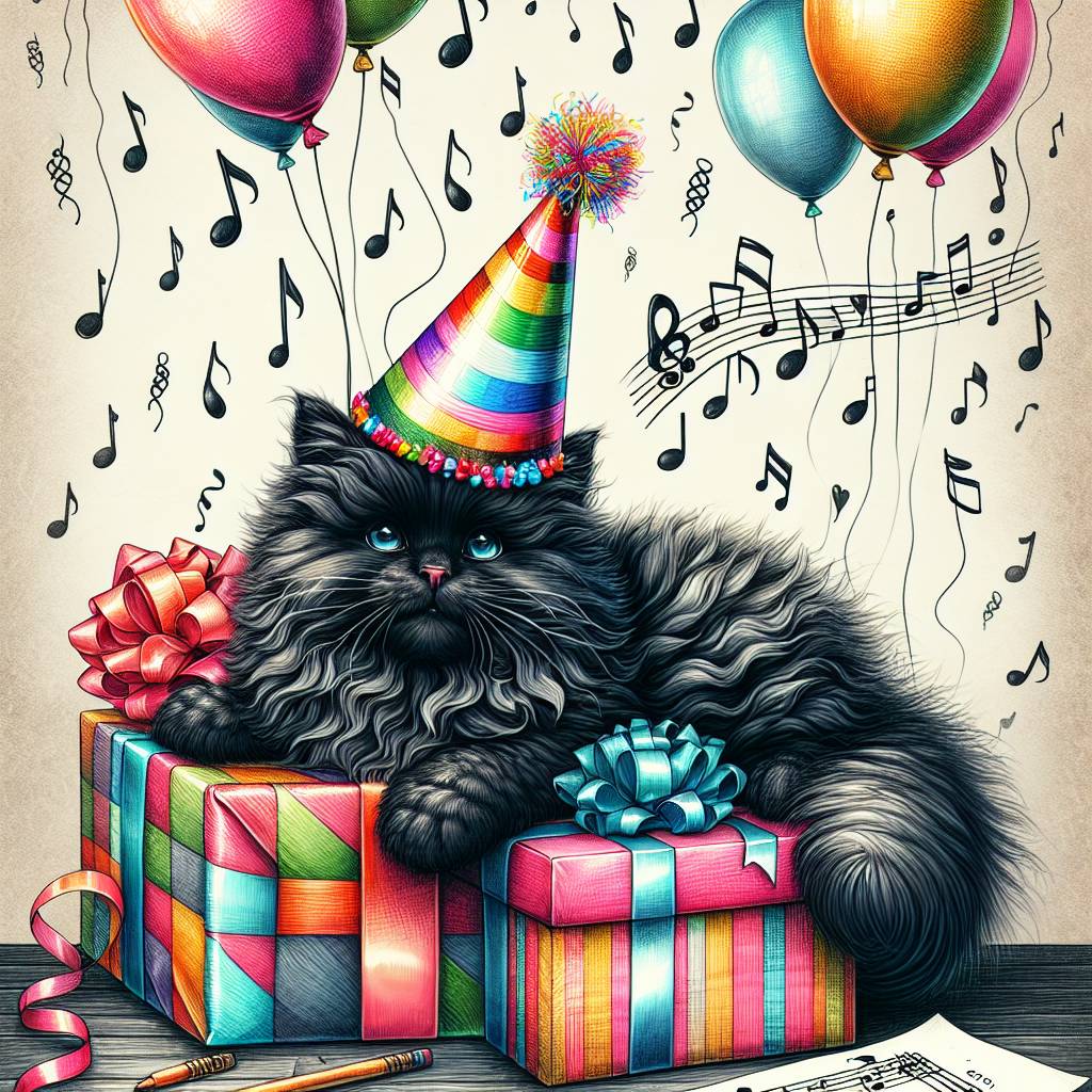 1) Birthday AI Generated Card - Black cat, and Music (8c9e0)