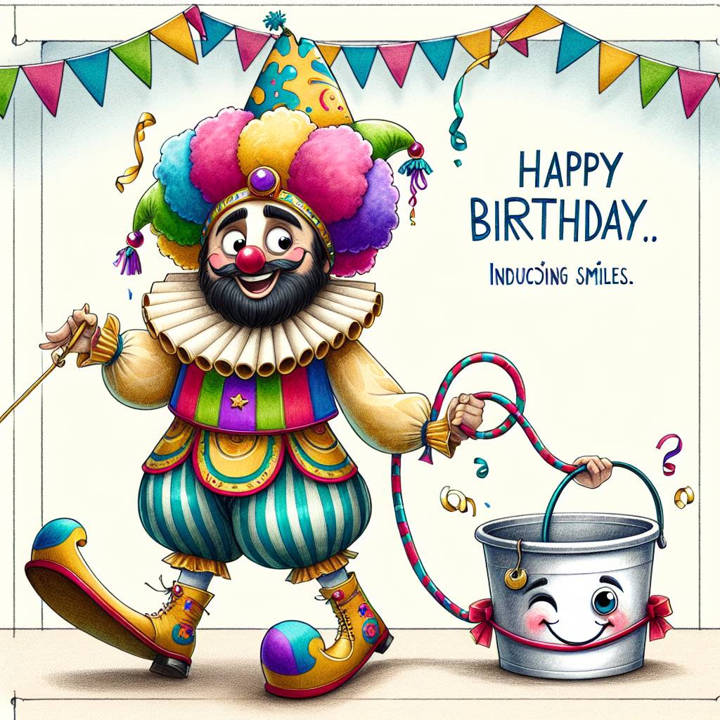 2) Birthday AI Generated Card - A clown pulling a bucket on a leash like a dog  (1a068)