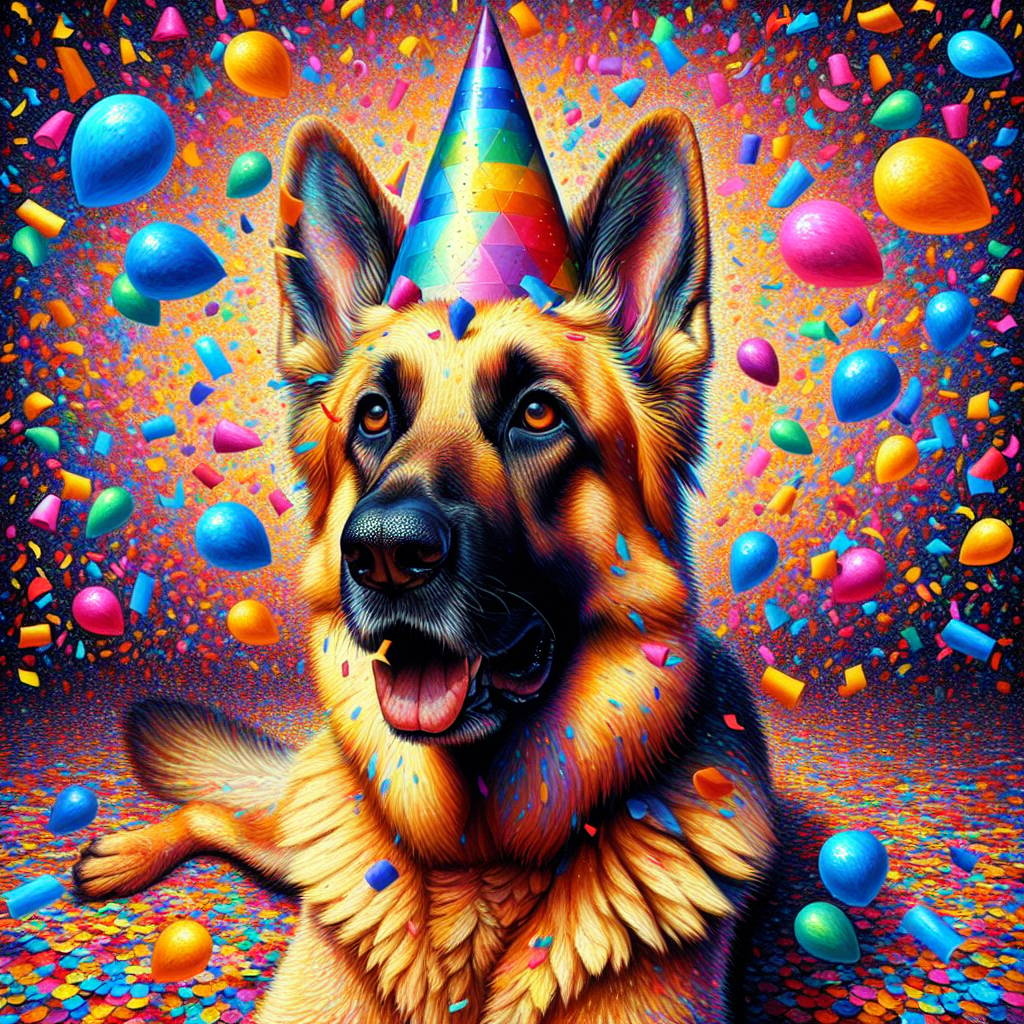 2) Birthday AI Generated Card - German shepherd , Colourful background , Party hat, Confetti , and Realistic  (0e998)