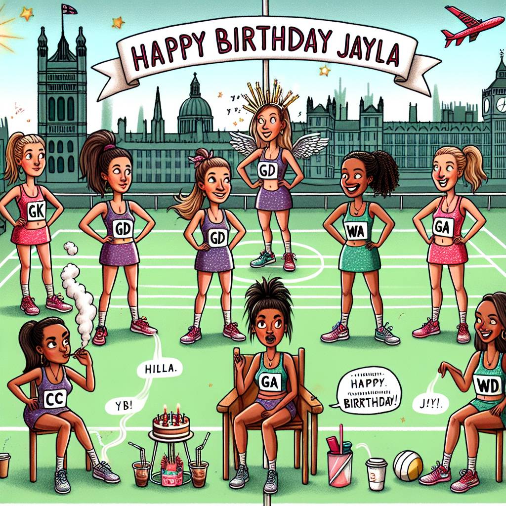 1) Birthday AI Generated Card - A 7-person female netball team are playing a match in London wearing bibs that say GK, GD, C, GA, WA, WD, GS, GK is vaping, and Text reads ‘Happy Birthday Jayla’ (0060b)
