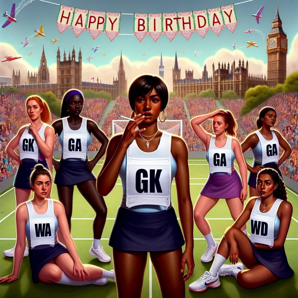 2) Birthday AI Generated Card - A 7-person female netball team are playing a match in London wearing bibs that say GK, GD, C, GA, WA, WD, GS, GK is vaping, and Text reads ‘Happy Birthday Jayla’ (8532e)