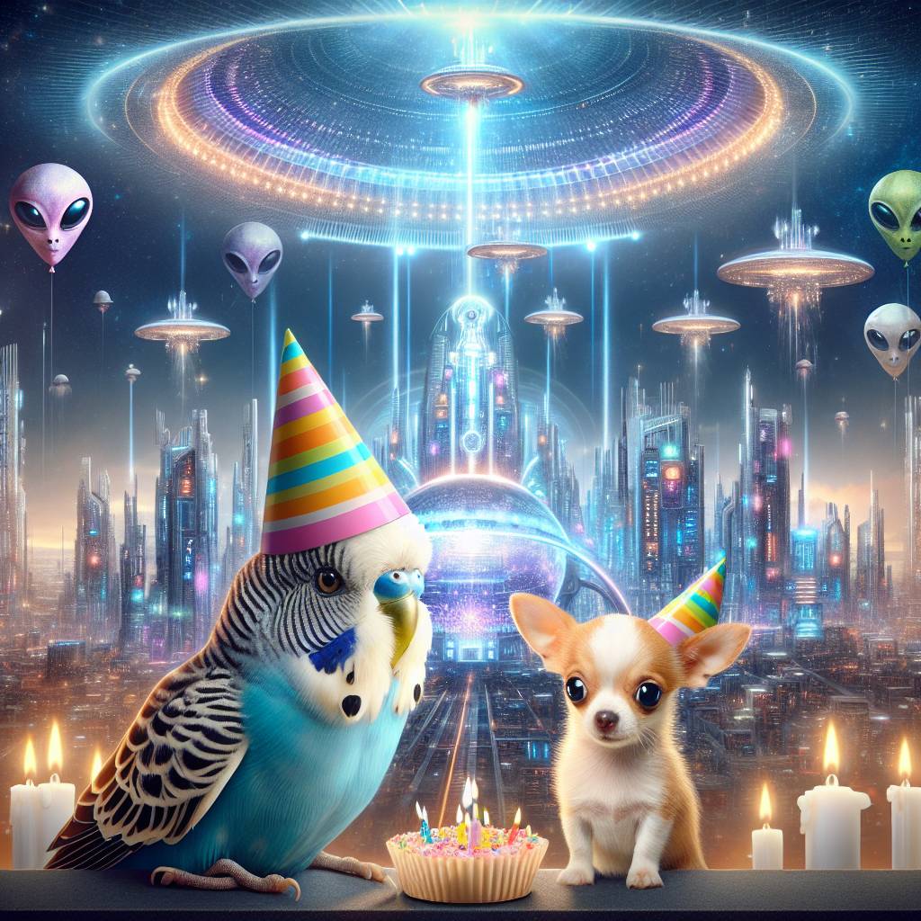 1) Birthday AI Generated Card - Budgie, Chihuahua, and Science fiction  (ef661)