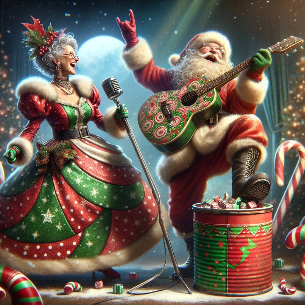 1) Christmas AI Generated Card - Mrs Clause playing guitar with Santa and money tin (10849)